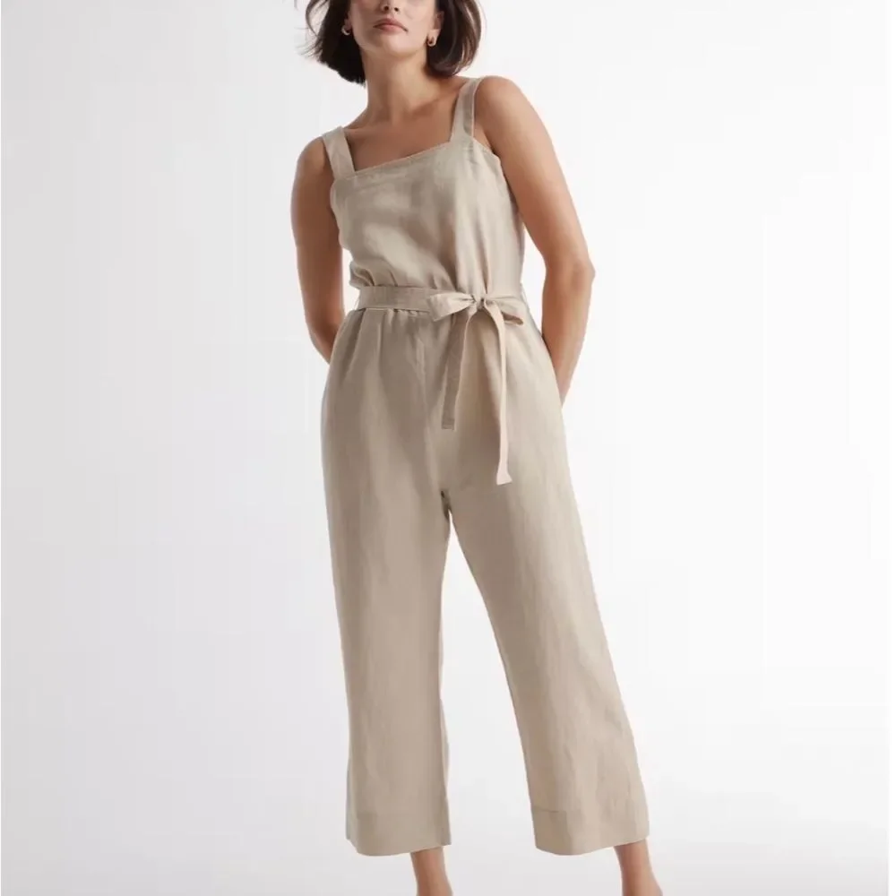 Quince women’s large 100% European linen square neck jumpsuit driftwood new